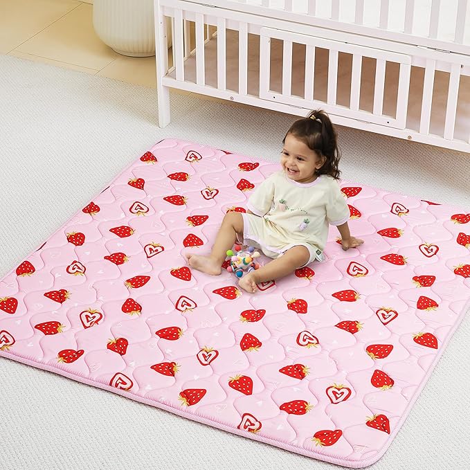 Viviland Baby Play Mats for Floor, Thicken Cushioning Padding Foam Playmate for Baby and Toddlers Infants, 50" x 50" Playpen Mat, Non-Slip & Machine Washable - Pink Strawberry