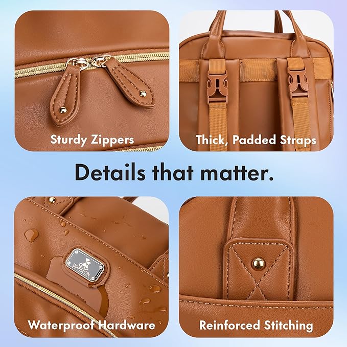 Dikaslon Leather Diaper Bag Backpack with Portable Changing Pad, Pacifier Case and Stroller Straps, Large Unisex Baby Bags for Boys Girls, Multipurpose Travel Back Pack for Moms Dads, Dark Brown