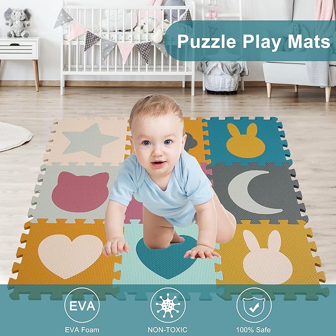 PLAY 10 Baby Play Mats for Floor, Foam Baby Play Mat, Foam Play Mats Shapes Puzzle Mat 9 Pieces