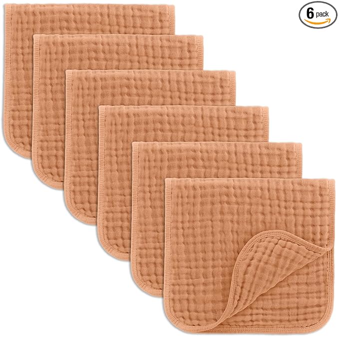 Comfy Cubs Muslin Burp Cloths 20" x 10", Pack of 6 - Large, 6-Layer, Ultra Absorbent 100% Cotton for Baby Drool and Messes - Soft, Safe & Gentle Baby Burp Cloths Set for Boys & Girls - Caramel