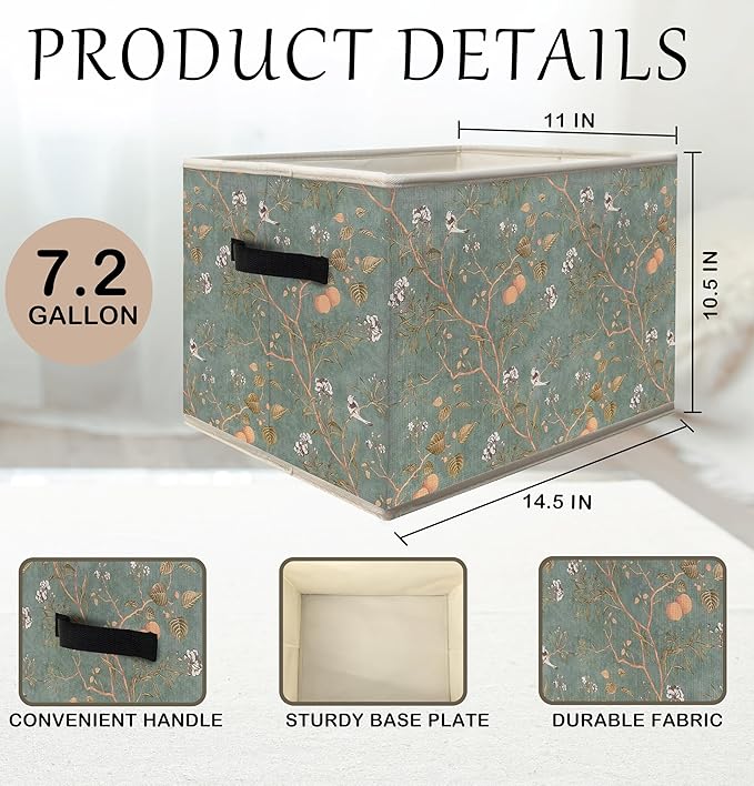 FDHSPAAM Vintage Chinoiserie Bird Floral Storage Bins Box with Handles, Cottagecore Botanical Plant Collapsible Fabric Storage Basket Box Organizer for Bedroom Bathroom Clothes Toys Books
