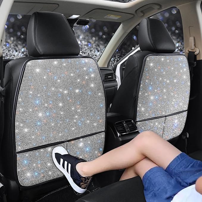 Bling Crystal Car Seat Back Kick Protectors with Storage, Sparkly Diamond Kick Mats, Universal Seat Protector for SUV and Automotive Crystal Auto Accessories for Women White 2pcs