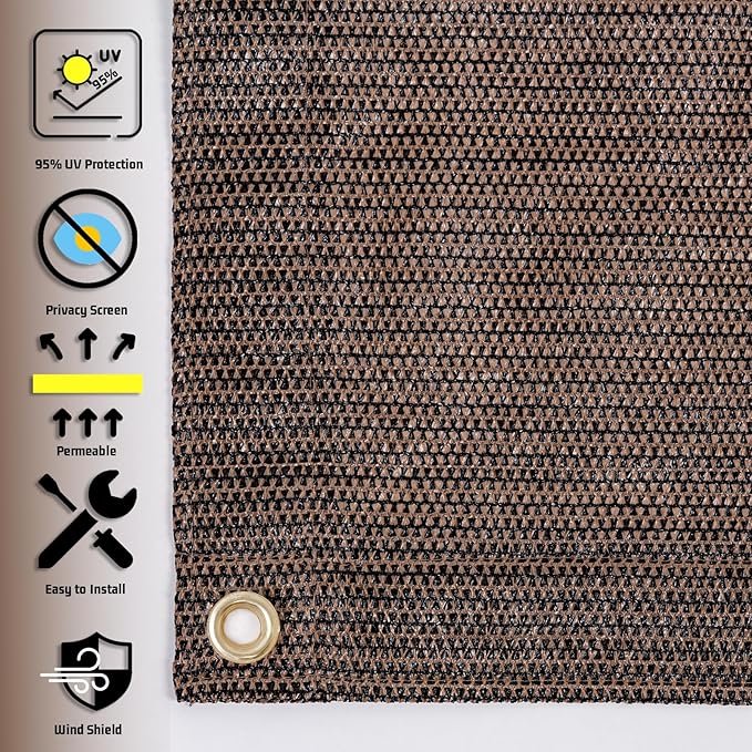 SUNNY GUARD Shade Cloth 8x8 FT Sun Shade Screen Fabric HC-014 Shade Cover Tarp with Grommets for Pergola Backyard Garden, Brown