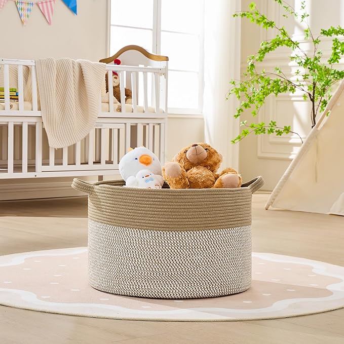 KAKAMAY Cotton Rope Storage Basket (20"x13"),Woven Hamper for Blankets,Toys,Pillows,Clothes,Laundry,Sturdy Handles Decorative Basket for Living Room, Bedroom,Nursery(Brown/White)