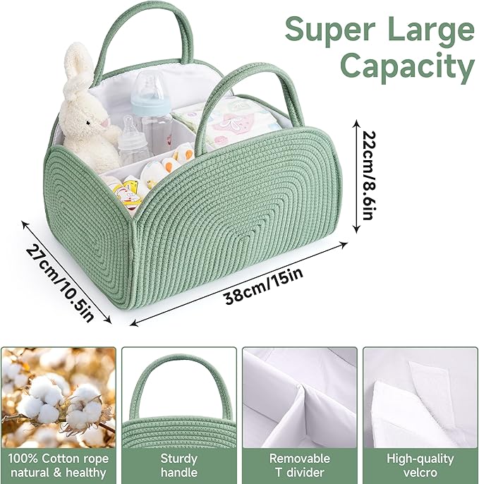 Diaper Caddy Organizer for Baby, Cotton Rope Baby Gift Basket, Portable Diaper Organizer for Changing Table, Diapers Nursery Storage Organizer for Travel, Camping, Green Baby Shower Gifts for Newborn