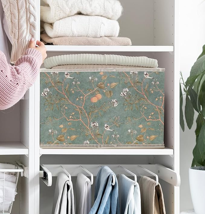FDHSPAAM Vintage Chinoiserie Bird Floral Storage Bins Box with Handles, Cottagecore Botanical Plant Collapsible Fabric Storage Basket Box Organizer for Bedroom Bathroom Clothes Toys Books