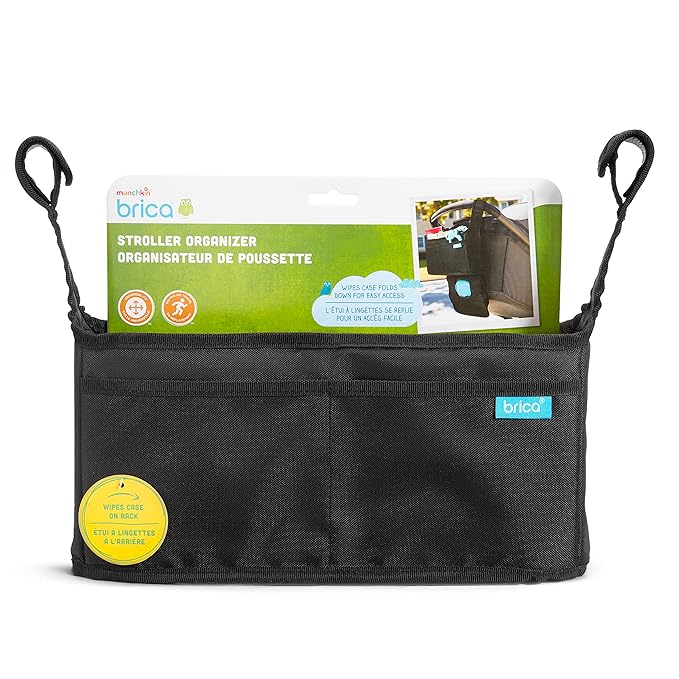 Munchkin Stroller Organizer with Cup Holders and Wet Wipes Case - Travel Storage Bag for Baby and Mom Essentials, Universal Fit, Fits UPPAbaby, Evenflo, BabyTrend and more, Black