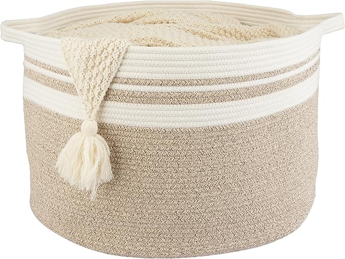 XUANGUO Large Cotton Rope Basket Blankets Basket Living Room 22"x14" Toy Baskets for Kids Rope Storage Basket for Nursery Woven Laundry Baskets for Clothes Towels Baby Toy Storage round white brown