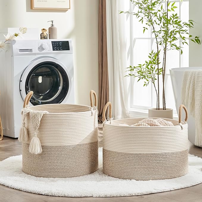 KAKAMAY Cotton Rope Storage Basket (20"x13"),Woven Hamper for Blankets,Toys,Pillows,Clothes,Laundry,Sturdy Handles Decorative Basket for Living Room, Bedroom,Nursery(Beige)
