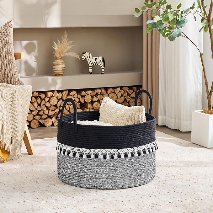 KAKAMAY Cotton Rope Storage Basket (20"x13"),Woven Hamper for Blankets,Toys,Pillows,Clothes,Laundry,Sturdy Handles Decorative Basket for Living Room, Bedroom,Nursery(Black Printing)