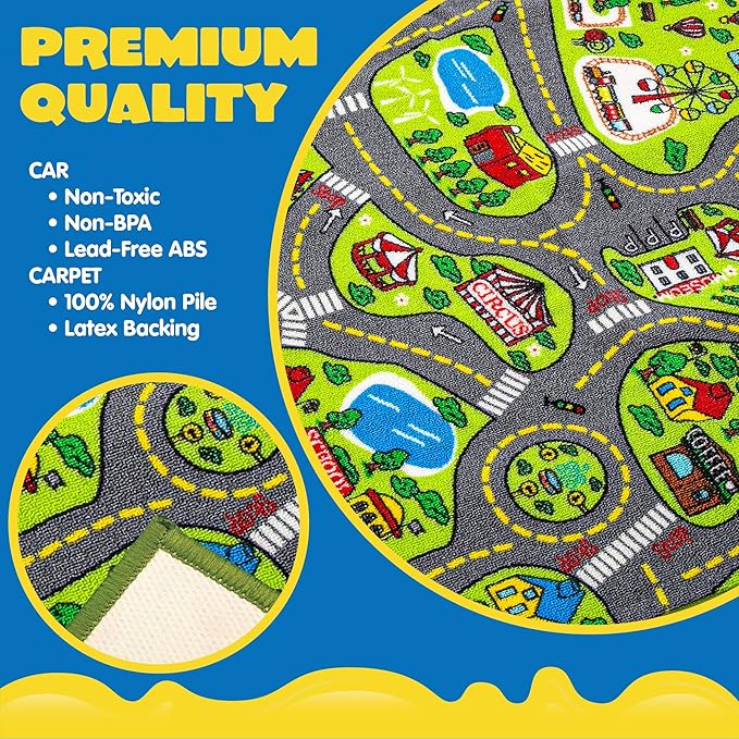 JOYIN Kids Play Rugs - 12 Pull-Back Vehicle Set - Durable Carpet Playmat Rug - City Pretending Play - Toddler Car Track Rug