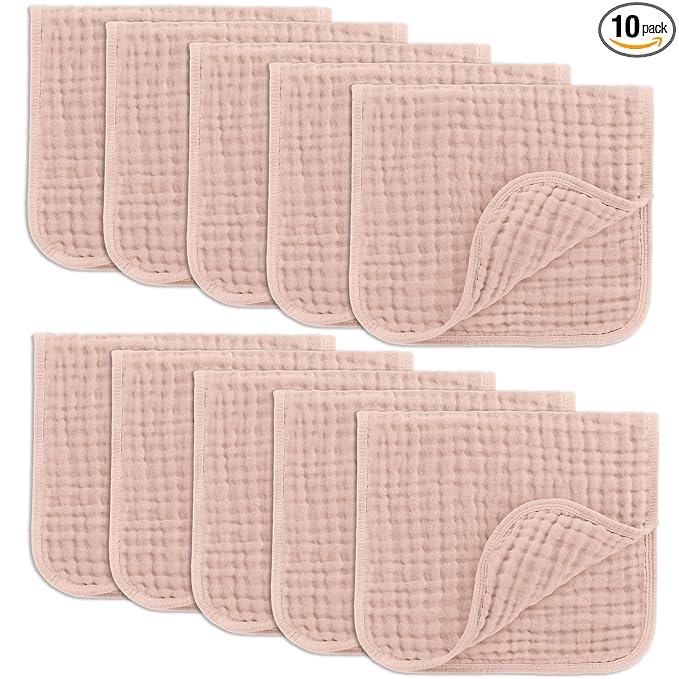 Comfy Cubs Muslin Burp Cloths 20" x 10", Pack of 10 - Large, 6-Layer, Ultra Absorbent 100% Cotton for Baby Drool and Messes - Soft, Safe & Gentle Baby Burp Cloths for Boys & Girls - Blush