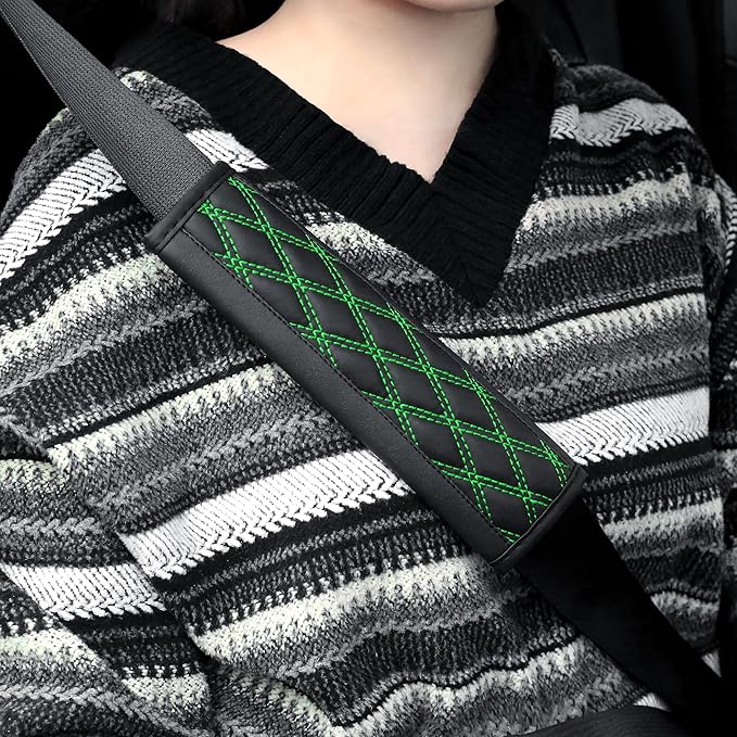 2PCS Car Seat Belt Cover Pads,Leather Seatbelt Covers Protect Shoulder and Neck Car Accessories Interior,Universal Car Seat Strap Pads Car Decorations for Most Cars Trucks (Black/Green)