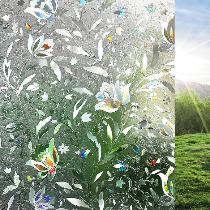 rabbitgoo Window Privacy Film, Decorative Stained Glass Window Film, Sun Blocking Glass Clings, Renter-Friendly Static Cling Frosted Sticker Covering for Home Door, Rainbow Tulip 17.5" x 157.4"