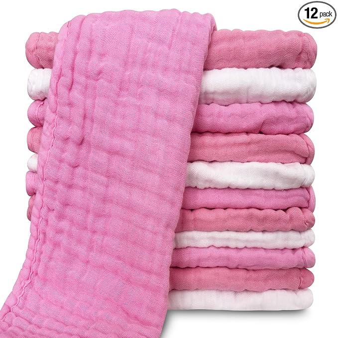 Muslin Burp Cloths for Baby 100% Cotton Burping Cloths for Unisex, Boy, Girl - Large 20'' by 10'' Newborn Essentials Ultra Soft Absorbent Milk Spit Up Rags - 12 Pack - White+Deep Sakura Series
