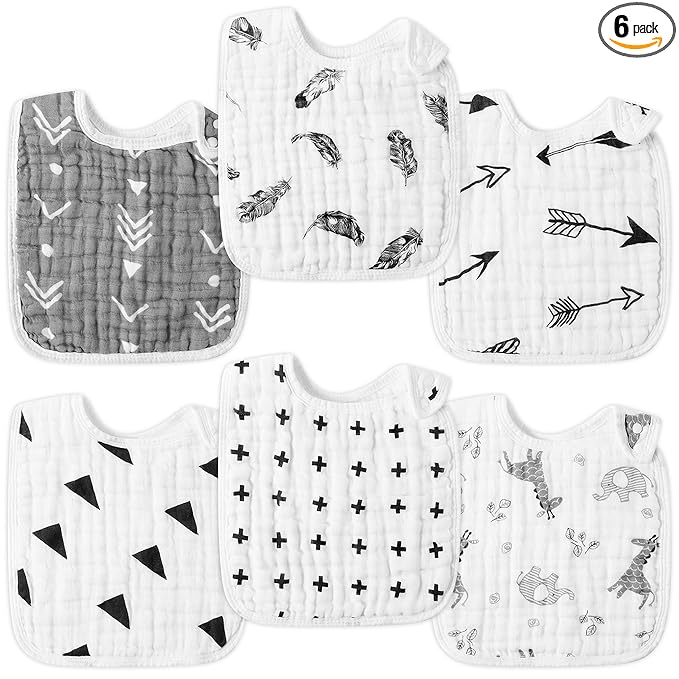 Zainpe 6Pcs Snap Muslin Bibs for Baby Machine Washable Adjustable Unisex Burp Cloths with 6 Absorbent Soft Layers, Animal Pattern Bib for Newborns Toddlers Infants 3 to 36 Months Drooling Teething