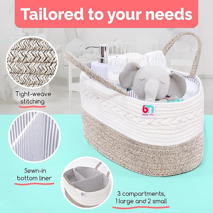 Babynma Rope Diaper Caddy - Storage for Baby and Toddler Items - Portable Cotton Organizer Easily Holds Diapers, Wipes, Clothing - Useful for Nursery, Bedroom (Beige, Regular)