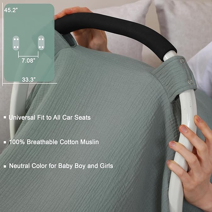100% Muslin Cotton Car Seat Cover Baby, Carseat Canopy Cover, Universal Fit Stroller Covers for Boys and Girls (Roman Green)