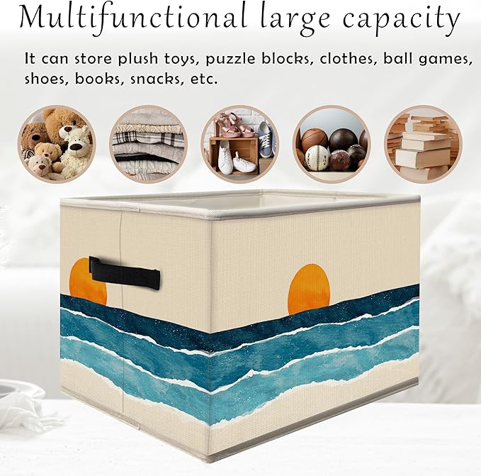 FDHSPAAM Boho Coastal Sun Storage Bins Box with Handles, Abstract Beach Coast Sunrise Collapsible Fabric Storage Basket Box Organizer for Bedroom Bathroom Clothes Toys Books