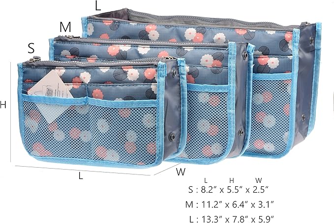 Vercord Purse Organizer Insert for Handbags Bag Organizers Inside Tote Pocketbook Women Nurse Nylon 13 Pockets Blue Flower Medium
