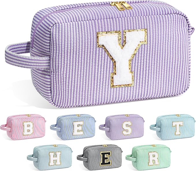 YOOLIFE Initial Makeup Bag for Women - Monogram Cute Makeup Bags Cosmetic Case Toiletry Pouch for Women Her Best Friend Sister Teacher, Personalized Birthday Gifts for Women, Purple Y