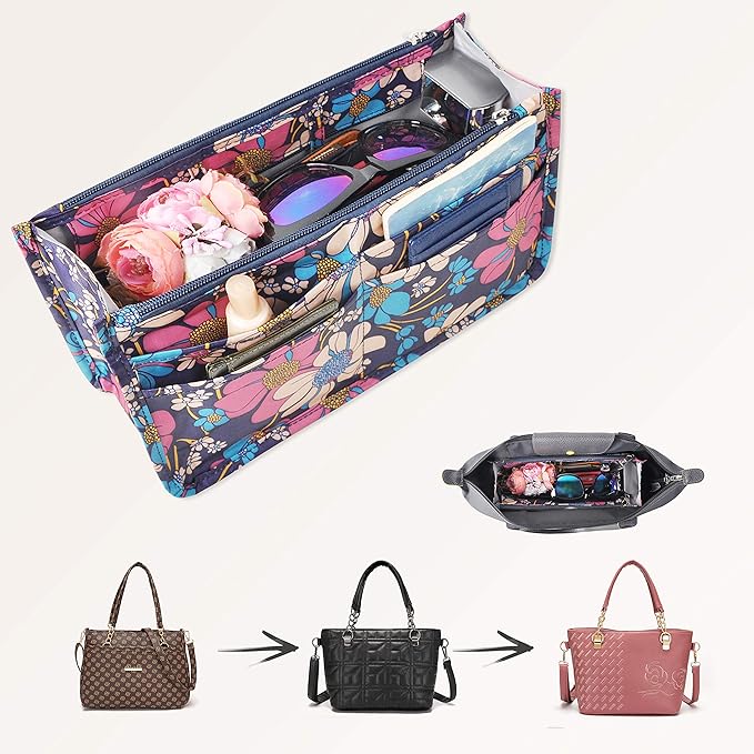 Vercord Patterned Purse Handbag Tote Pocketbook Bag Organizer Insert with Zipper Handle for Women Large Flowers