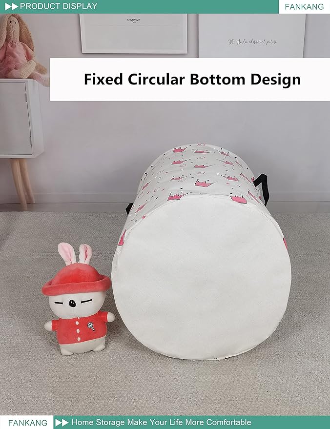 FANKANG Storage Basket, Nursery Hamper Canvas Laundry Basket Foldable with Waterproof PE Coating Large Storage Baskets for Kids Boys and Girls, Office, Bedroom, Clothes,Toys（pink crowns）