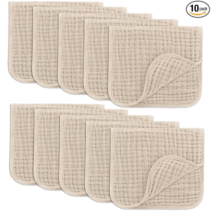 Comfy Cubs Muslin Burp Cloths 20" x 10", Pack of 10 - Large, 6-Layer, Ultra Absorbent 100% Cotton for Baby Drool and Messes - Soft, Safe & Gentle Baby Burp Cloths for Boys & Girls - Sand