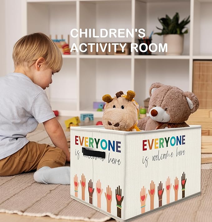 FDHSPAAM Everyone is Welcome Here Storage Bins Box with Handles, Diversity and Equality Inspirational Collapsible Fabric Storage Basket Box Organizer for Nursery Classroom Office Books