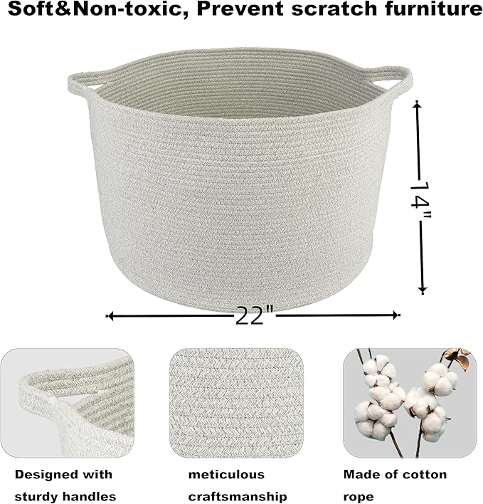 XUANGUO Large Cotton Rope Basket – 22"x14" Woven Storage Baskets for Blankets, Toys, Laundry, and Nursery – Round Basket for Living Room, Kids, and Pets Grey