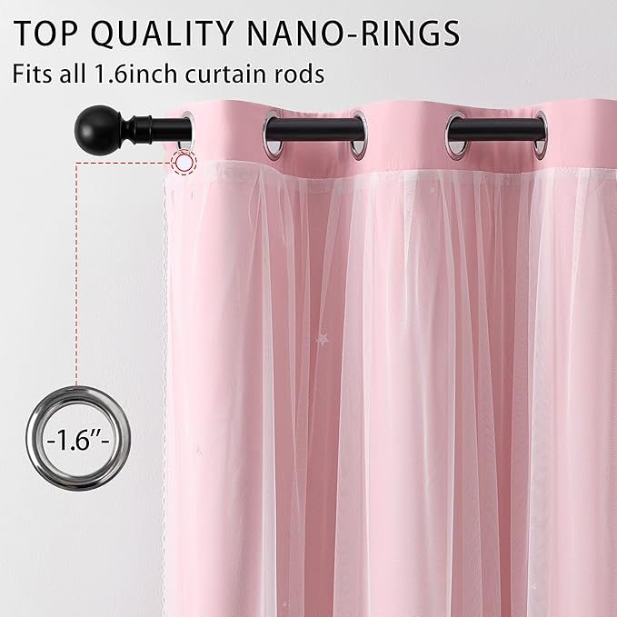 XiDi Pink Blackout Curtains with Sheer Overlay Mix and Match Double Layer 80% Room Darkening Window Treatment Set for Girls Bedroom Living Room Pink Star Drapes with Tiebacks Grommet Top 52" Wx96 Lx2