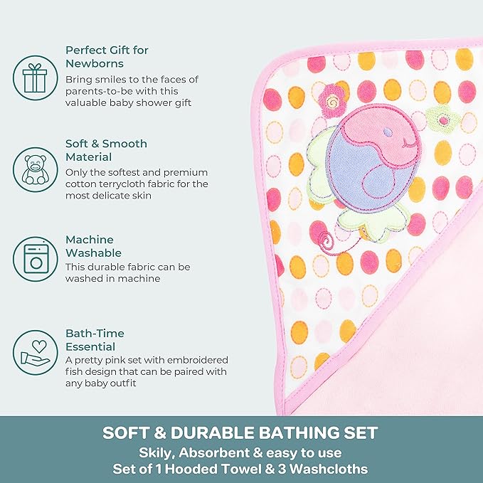 Spasilk Baby Bath Hooded Terry Towel with 3 Washcloths, Baby Bath Essentials, One Size, Pink Fish