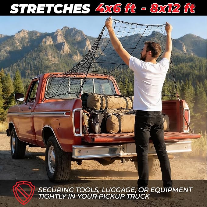 ZULWEST Heavy Duty Cargo Net for Pickup Truck Bed 4x6 ft Stretches to 8x12 ft - 10mm Bungee Mesh with 12 Carabiners, Anti-Slip Gloves & Digital Guide - Truck Bed Netting for Cargo, SUV, Roof Rack