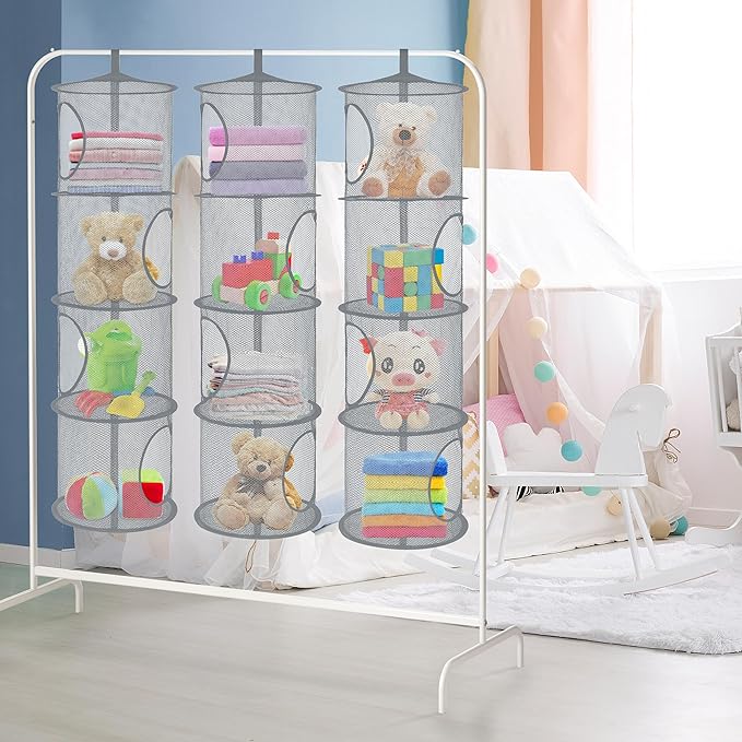 Libeder Mesh Hanging Storage Space Saver Bags Organizer,Foldable Storage Organizer 4 Compartments Toy Storage Basket for Kids Room Bathroom 3 Sets Grey