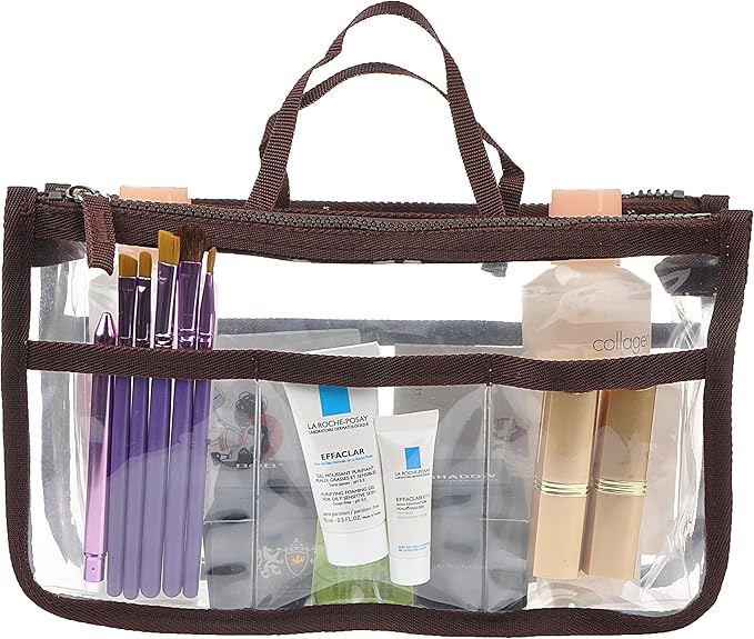 Vercord Translucent Purse Handbag Tote Pocketbook Bag Organizer Insert with Zipper Handle for Women Medium Brown