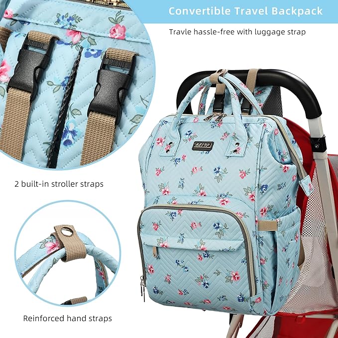 GAIVP Diaper Bag Backpack for Women, Baby Bags for Girls,Diaper Bag with Changing Pad, and Insulated Pockets-Blue Flowers