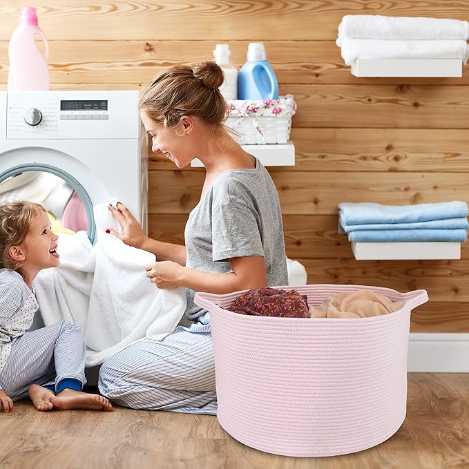 XUANGUO Large Cotton Rope Basket Blankets Basket Living Room 22"x14" Toy Baskets for Kids and Dogs Rope Storage Baskets for Nursery Woven Laundry Baskets for Clothes Towels Baby Toy Storage Round pink