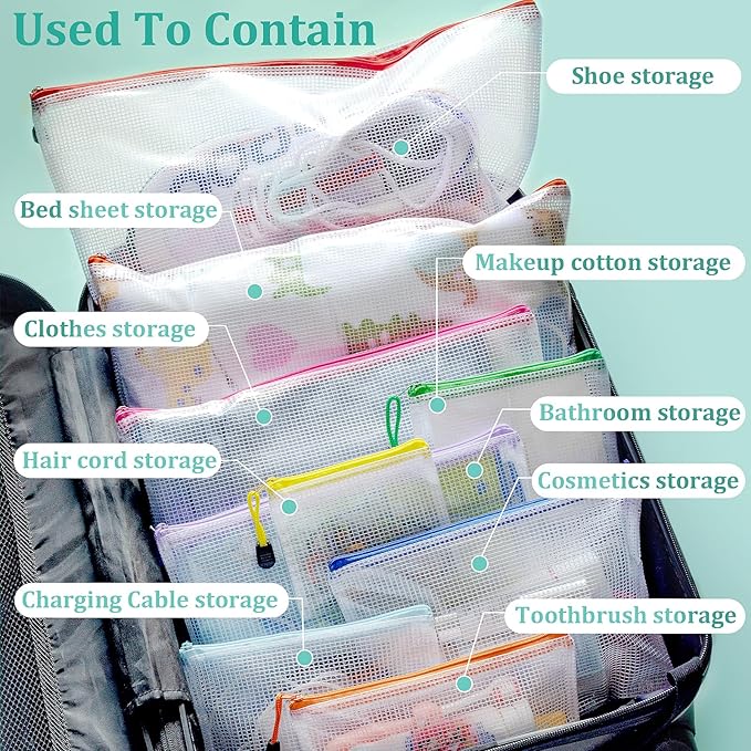 VVCOIIROEI 24pcs Mesh Waterproof Pouch Bags, 9 Sizes Clear Pouches, Organizer Bags With Zipper, 8 Colors for Travel & Toy Storage