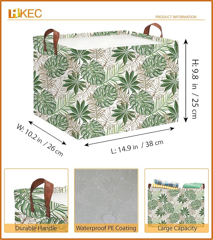 HKEC Rectangle Storage Basket with Handles,Collapsible Storage Bin,Books Box,Gift Basket(Golden Monstera)