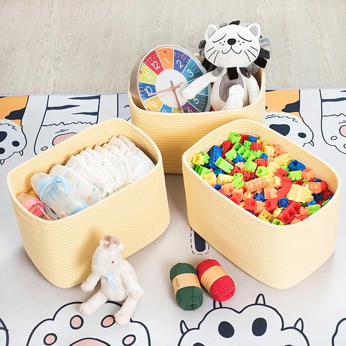 MINTWOOD Design 3-Pack Decorative Woven Storage Baskets for Shelves, Cube Bin Box for Organizing Books, Shoes, Dog Toys, Pantry Closet and Living Room Organizer, Yellow