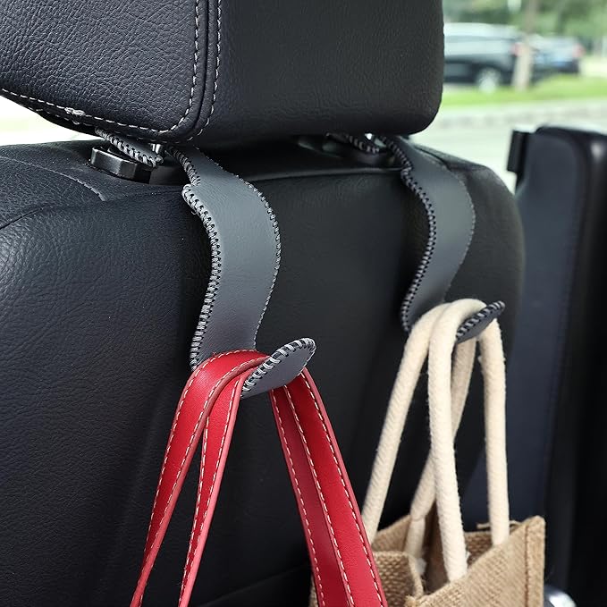 Amooca Car Seat Headrest Hook Universal Vehicle Storage Hanger Leather with Metal Car Seat Back Organizer for Handbag Purse Coat Grey 2 Pack