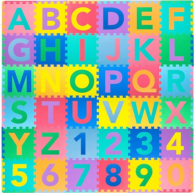 ProSource Kids Puzzle Alphabet & Numbers & Shapes Foam Play Mat 36 Tiles, 12"x12" and 24 Borders