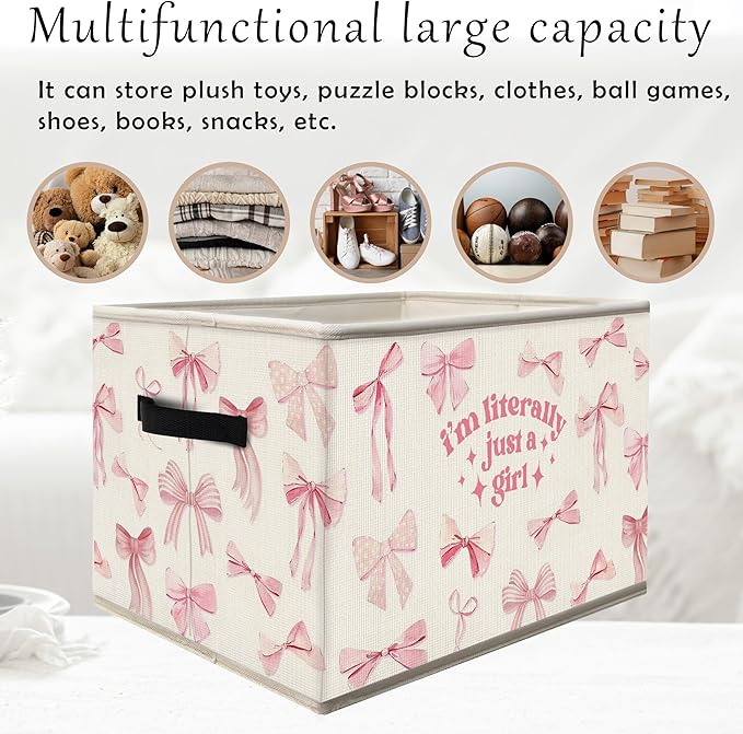FDHSPAAM Coquette Preppy Pink Bow Storage Bins Box with Handles, I'm Iiterally Just a Girl Collapsible Fabric Storage Basket Box Organizer for Girls Dorm Bedroom Bathroom Clothes Toys Books