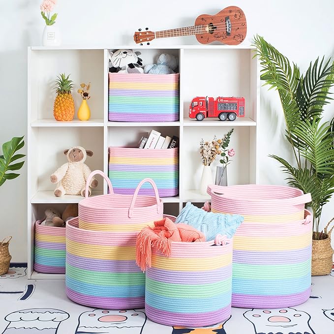 MINTWOOD Design 3-Pack Storage Baskets and Cube Bins for Shelves, Playroom and Classroom, Decorative Woven Closet Organizers for Books, Shoes, and Pantry Items, Pastel Rainbow