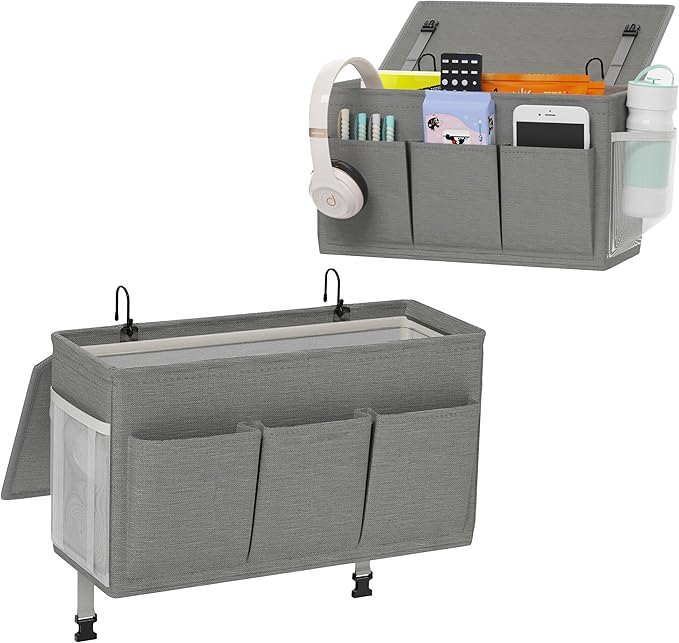 Edudif Dual-purpose Bedside Caddy Bedside Organizer, Bed Caddy with 6 Pockets, Versatile Bedside Storage Solution Magazine Remotes holder, ideal for Home, Dorm, Hospital, Crib Bed (Grey 2pcs)