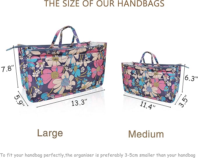 Vercord Patterned Purse Handbag Tote Pocketbook Bag Organizer Insert with Zipper Handle for Women Medium Flowers