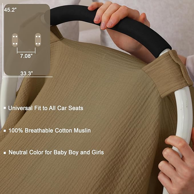 100% Muslin Cotton Car Seat Cover Baby, Carseat Canopy Cover, Universal Fit Stroller Covers for Boys and Girls (Coffee)