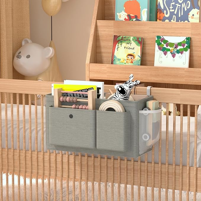 Edudif Bedside Caddy Bedside Organizer with Fixed Straps & Water Bottle Holder, Bunk Bed Caddy ideal for Home, Dorm, Hospital, Crib, Versatile Bedside Storage Solution (Grey 2pcs)