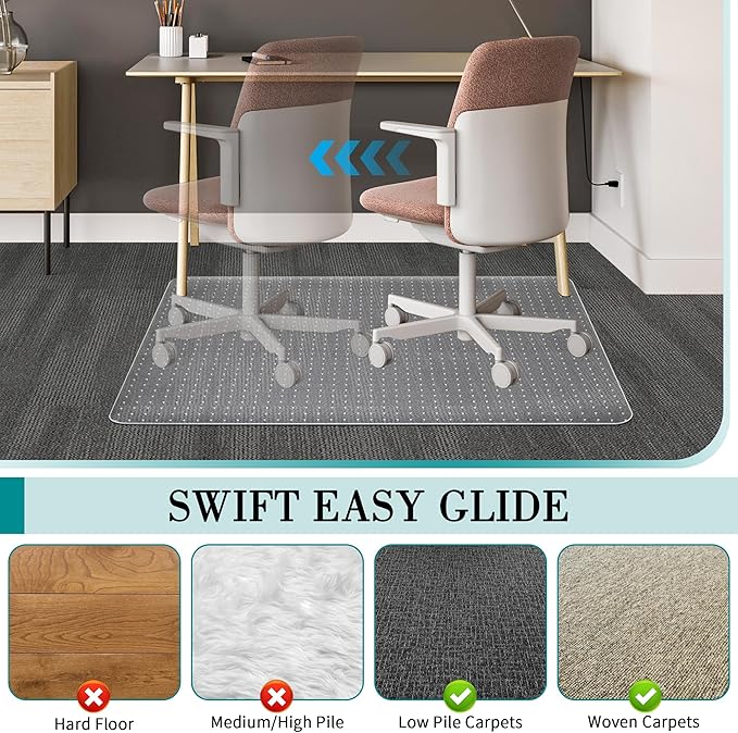 BesWin Office Chair Mat for Carpeted Floors, 45'' x 53'' Large Desk Chair Mat for Low Carpets, Premium Quality Hard Carpet Protector for Work, Home, Gaming, Easy Glide and Flat Without Curling