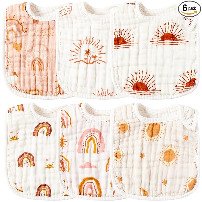 Zainpe 6Pcs Snap Muslin Cotton Bibs for Baby Rainbow Sun Star Adjustable Feeding Bib, Machine Washable Unisex Burp Cloths with 6 Absorbent Soft Layers for Infant Newborn Toddler Drooling Teething
